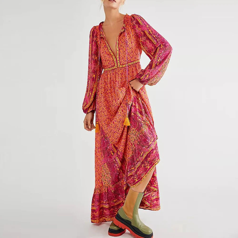 Chiffon Floral Printed Maxi Dresses For Women Robe Vintage Lantern Long Sleeve V Neck Tassel Loose Dress Boho Beach