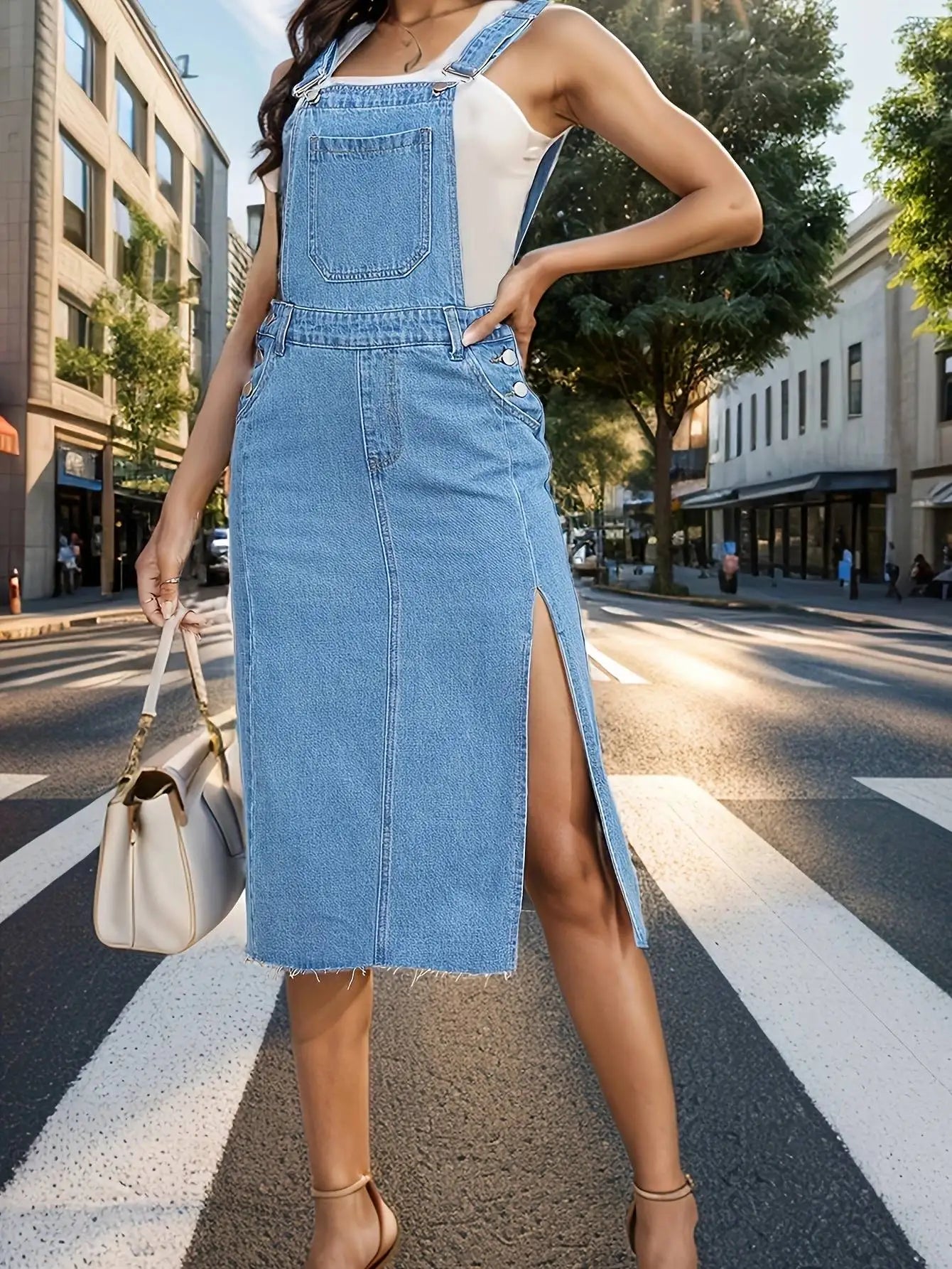 Casual Denim Dress  Sleeveless Side Slit, Big Pocket Denim Suspenders