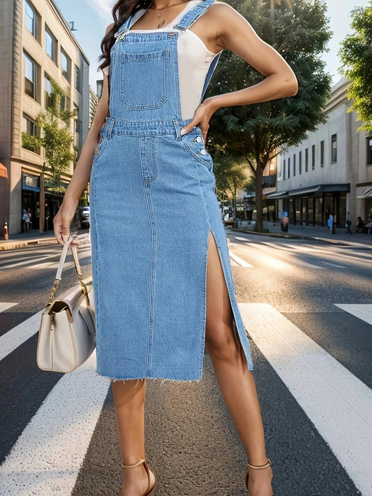 Casual Denim Dress  Sleeveless Side Slit, Big Pocket Denim Suspenders
