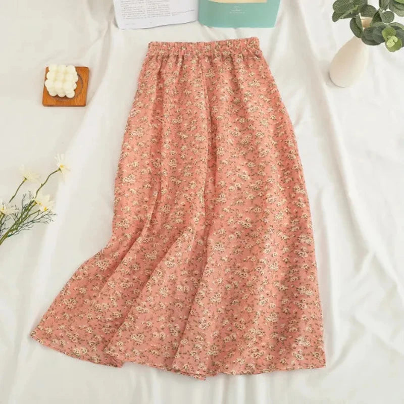 Chiffon Midi Skirt Floral Loose High Waist  Casual  A Line