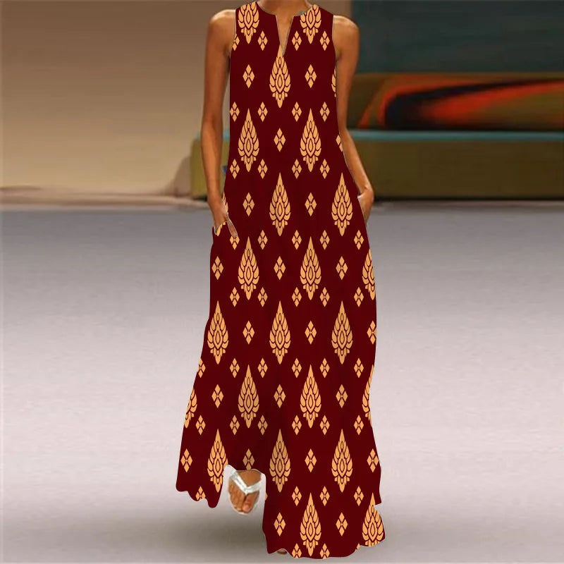 Vintage Print Maxi Dress For Women Summer Loose Sleeveless Long Dresses Elegant Lady V Neck Pocket Boho Beach Sundress Vestidos