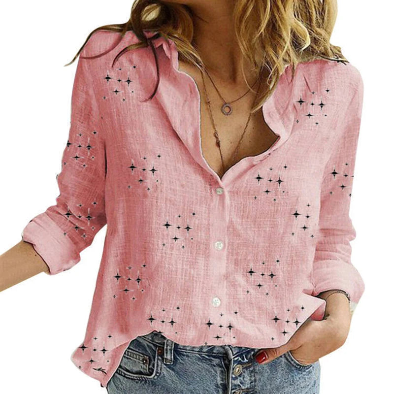 Elegant Cotton Linen Shirts Women Casual Solid Button Lapel Blouses Shirts  Long Sleeve Loose Tops