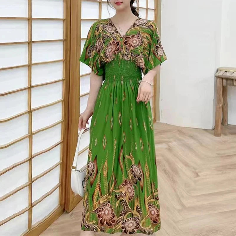 Colorful Flower V-neck Elastic Youthful Bohemian Sweet Midi Dress Woman Clothes Chic Fashion Summer Dresses