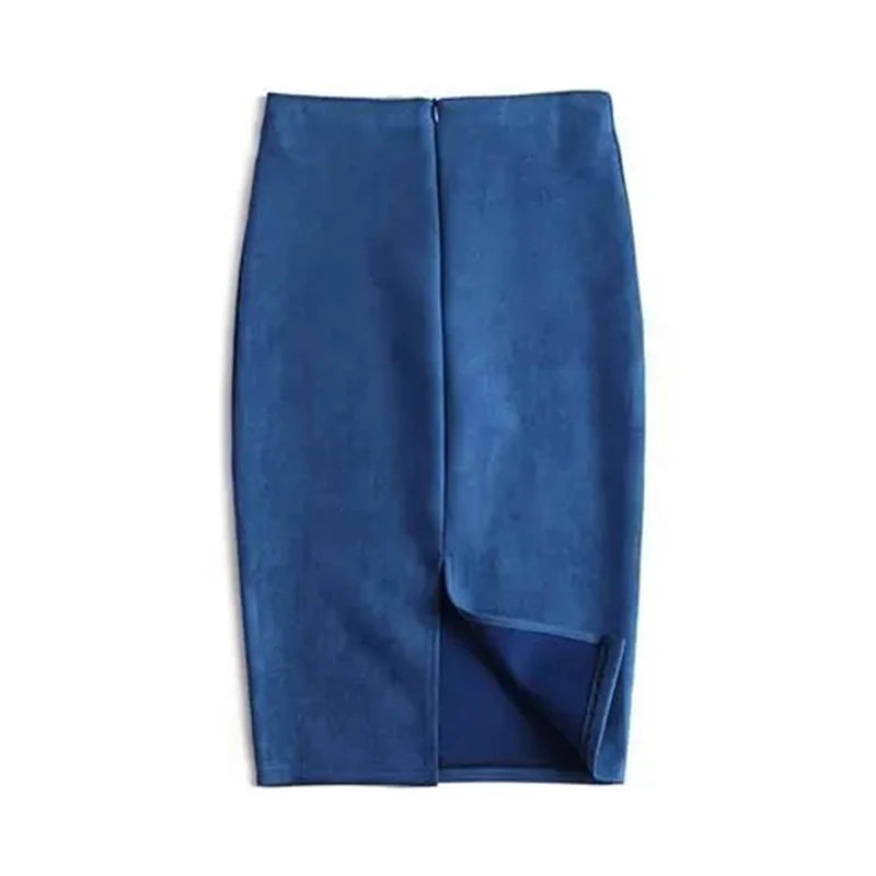 Suede  Knee Length High Waist Office Skirt