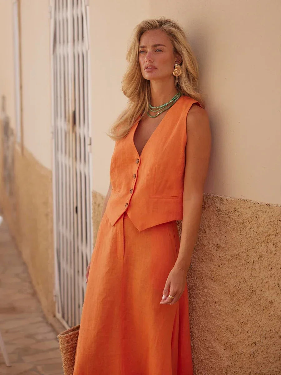 Women's Chic Vest Long Skirt 2-Piece Set Summer Sleeveless Top Fashionable Office Ladies Loose Dress Outfits