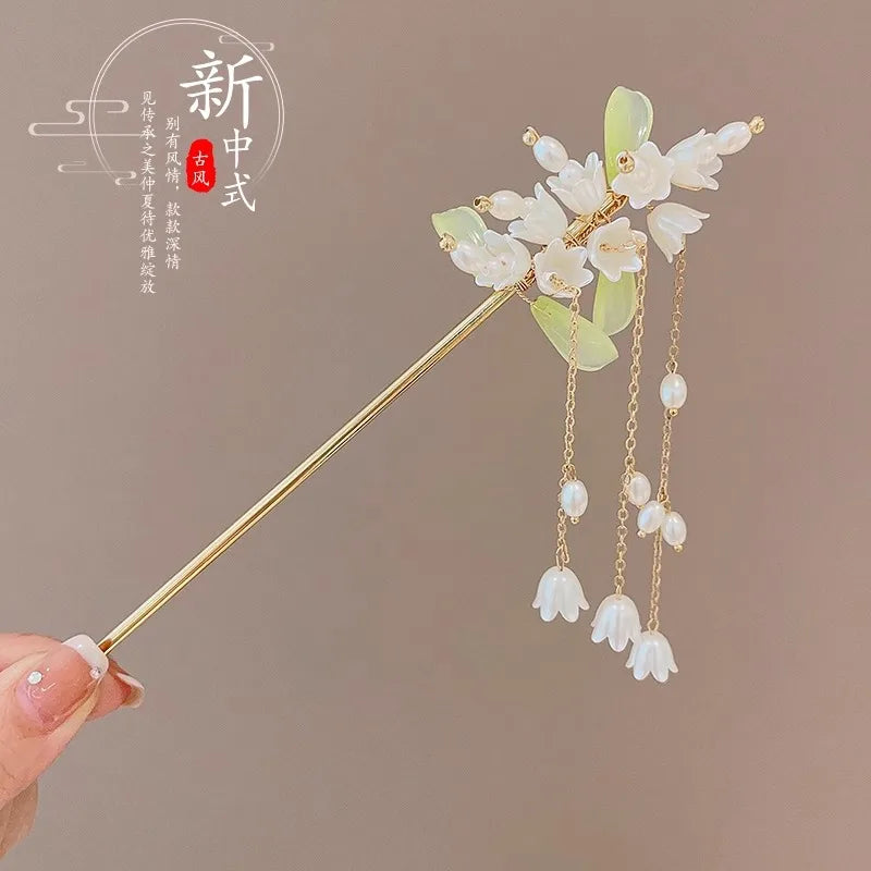 Elegant Chinese Style Hair Accessory Romantic Enameled Flower Tassel Hair Pin Alloy Jewelry Hairpin For Women Fashion Hairpin