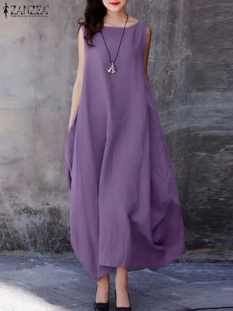 Fashion Summer Dress Women Oversized Maxi Dresses Casual Loose Solid Cotton Sleeveless O Neck