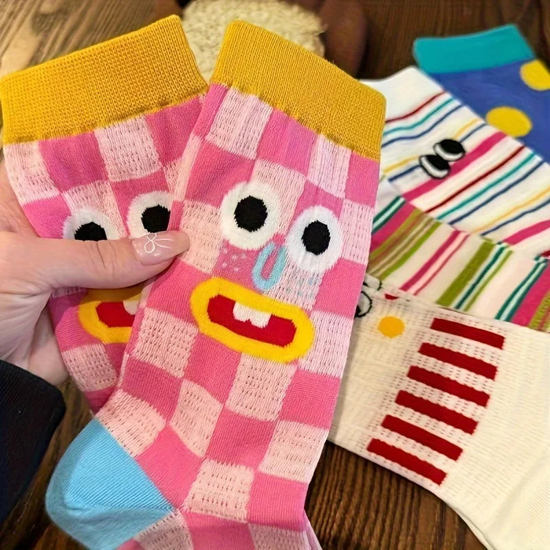 5 Pairs Of Colorful Cartoon Socks Quirky And Cute Mid-calf Socks, Comfortable And Breathable For Daily Work