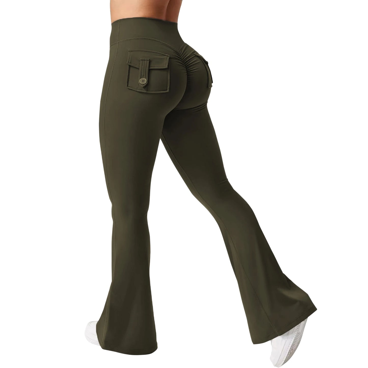 Cargo Yoga Pants High Waist Scrunch Butt Solid Color Flare Leggings Casual