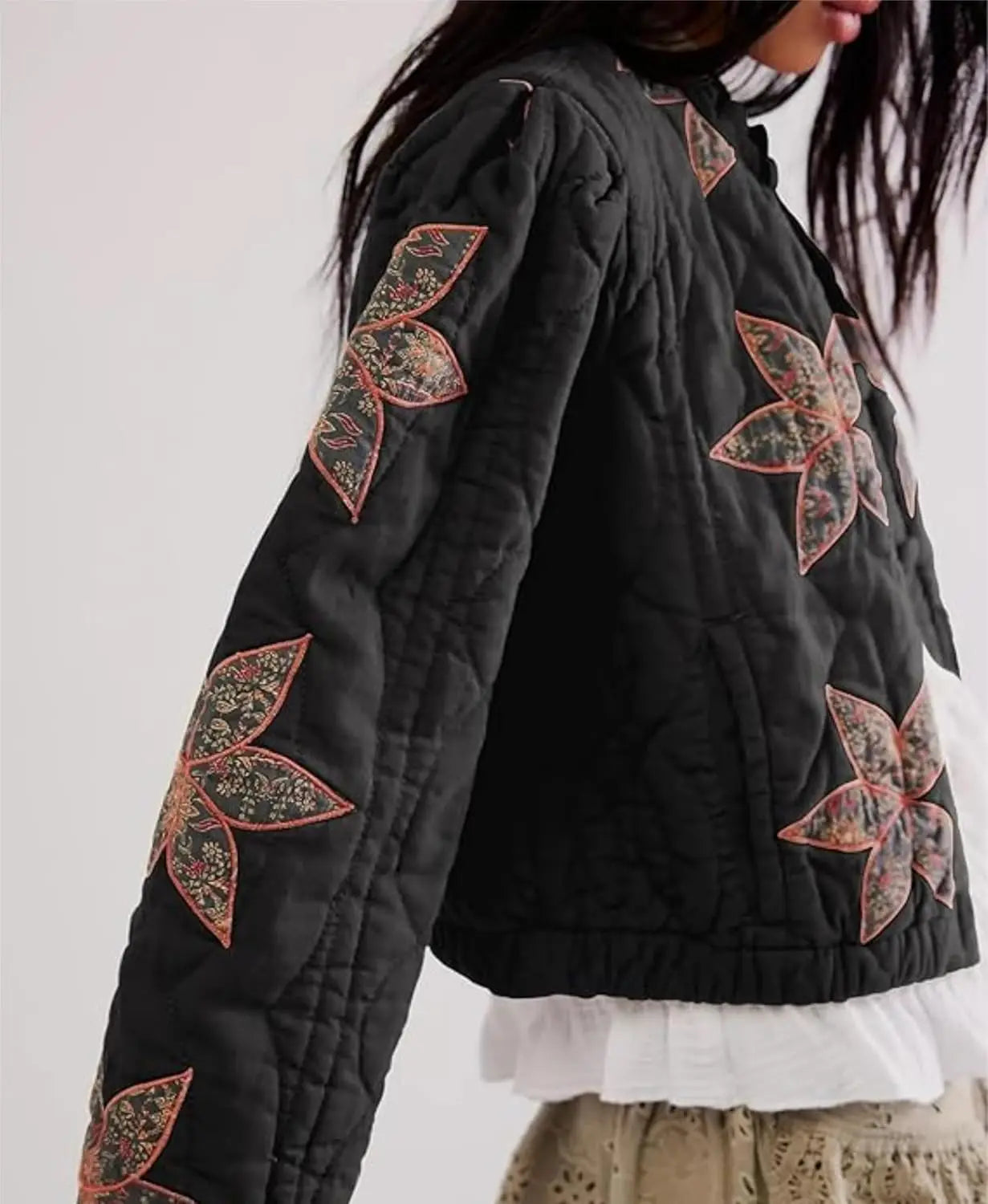 Cropped Lightweight Flower Quilted Jacket Embroidery Puffer Outerwear Coats