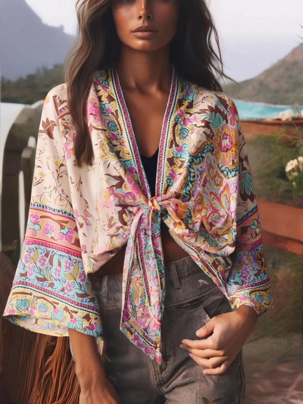 Hippie Queens Floral Print Sashes Short  Kimono Women Fashion V Neck Batwing Sleeves Lady Boho Bikini Cover-ups
