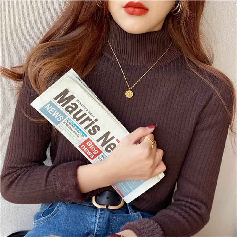 Women's Turtleneck Sweater Winter Retro Velvet Lining Thickened Inner Wear Thermal Knitting Bottoming Shirt