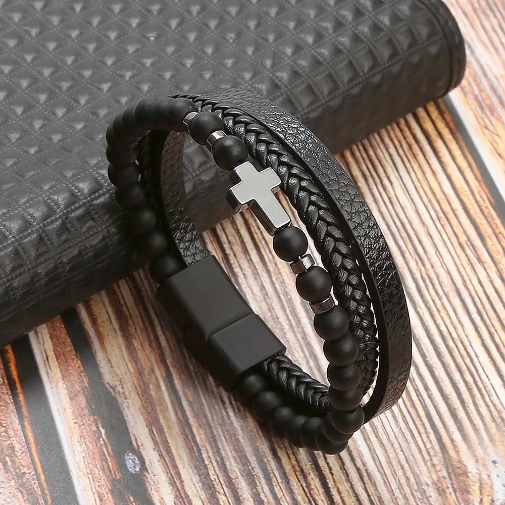 Hot Fashion Beads Leather Bracelet Men Classic Tiger Eye Beaded Multi Layer Leather Bracelet For Men Jewelry