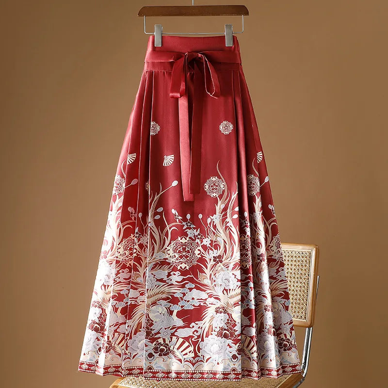 Vintage Maxi Chinese Style Horse Face Skirts  Pleated