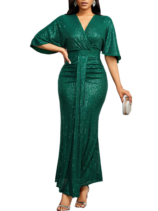 Sequin Dress V-Neck Ruffles Short Sleeves Vintage