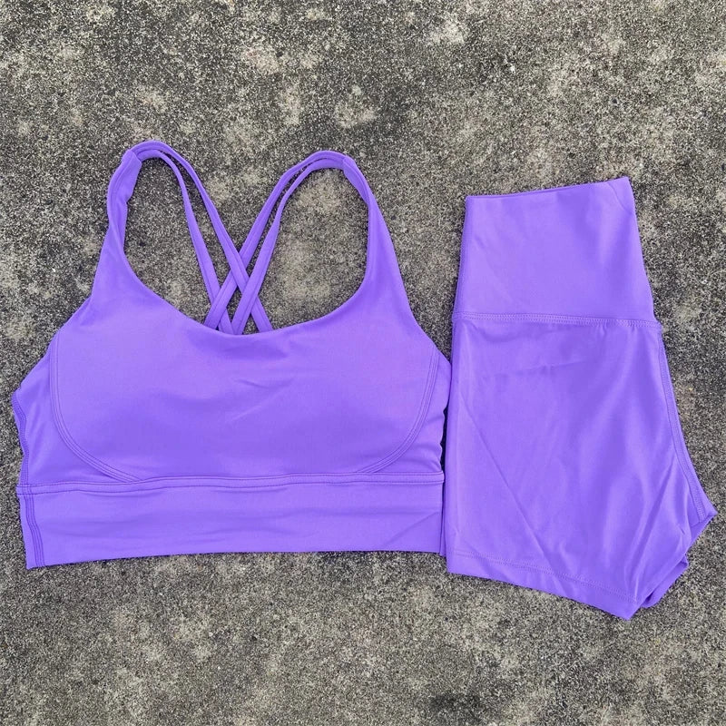 Yoga Clothes 2 Piece Gym Sports Shorts Set Women Cross Back Bra Top High Waist Shorts Fitness Suit Running Workout Tracksuit