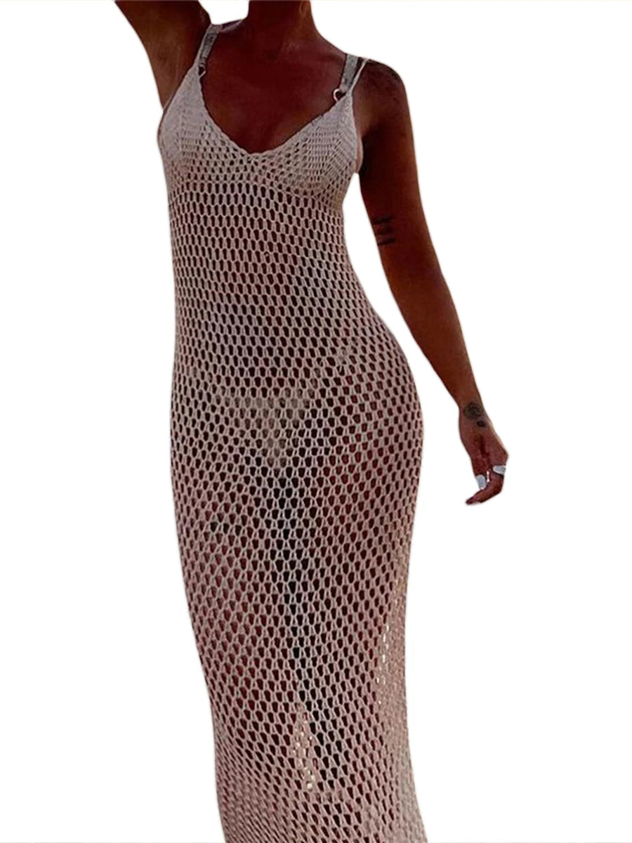 Knitted Beach Cover Ups Crochet Cutout Backless Dress for Bikini Swimsuit