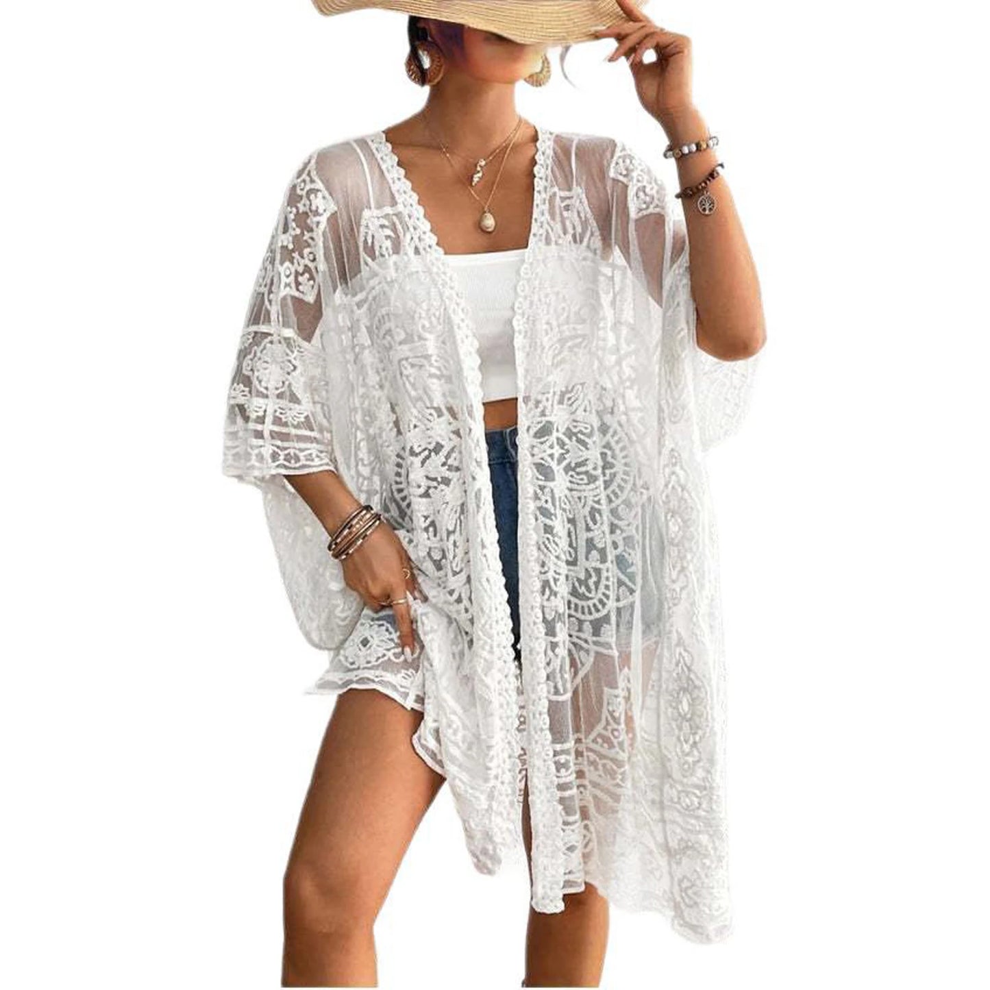 Women s Floral Lace Kimono Cardigan with 3 4 Sleeves and Open Front Sheer Mesh  Bikini Cover-Up