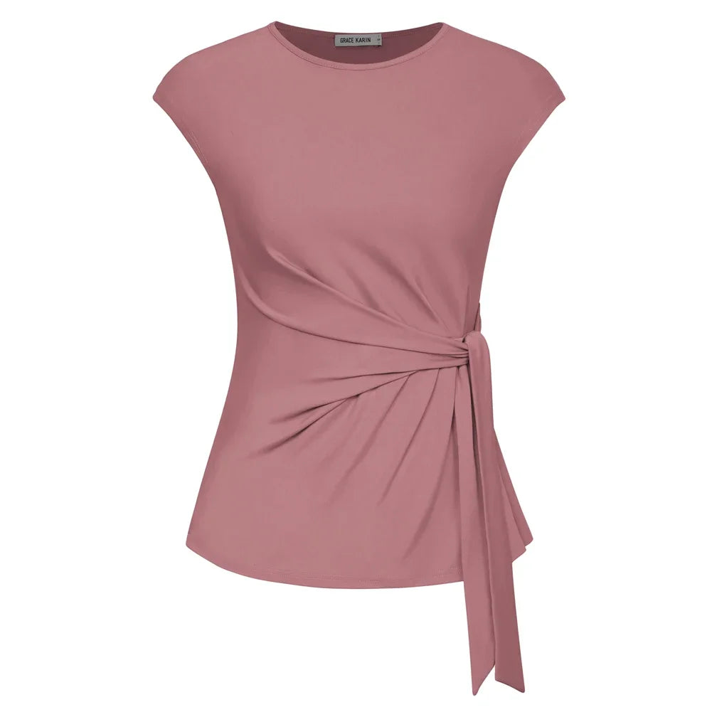 Front Bow Knot  Cap Sleeve Crew Neck Pullover