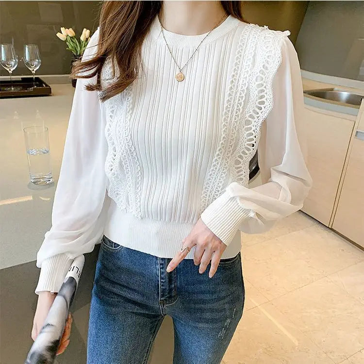 Solid Round Neck Pullover  Bubble Sleeve Loose Chiffon Tops