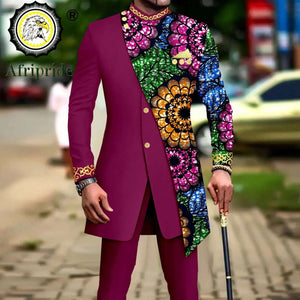 African Style Suits for Men Embroidery Print Blazer and Pants Set Business Dress Suit with Kerchief Party Wedding Evening