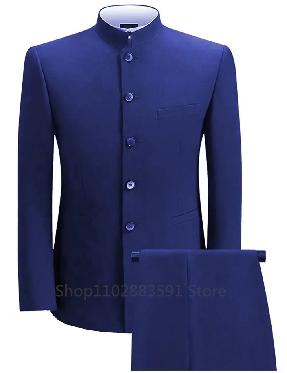 Formal Men's Business 2 Pieces Blazer + Pants Stand Lapel Men's Jacket Flat Suit Slim Fit Coat Groomsmen Party