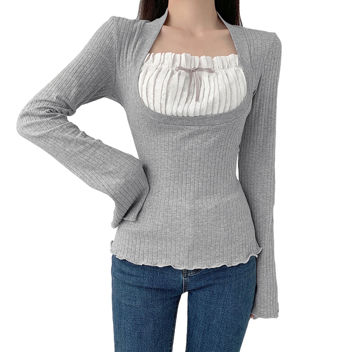 Tops for Women Fall Casual  Square Collar Contrast Color Long Sleeve Slim Lace Bow T Shirts