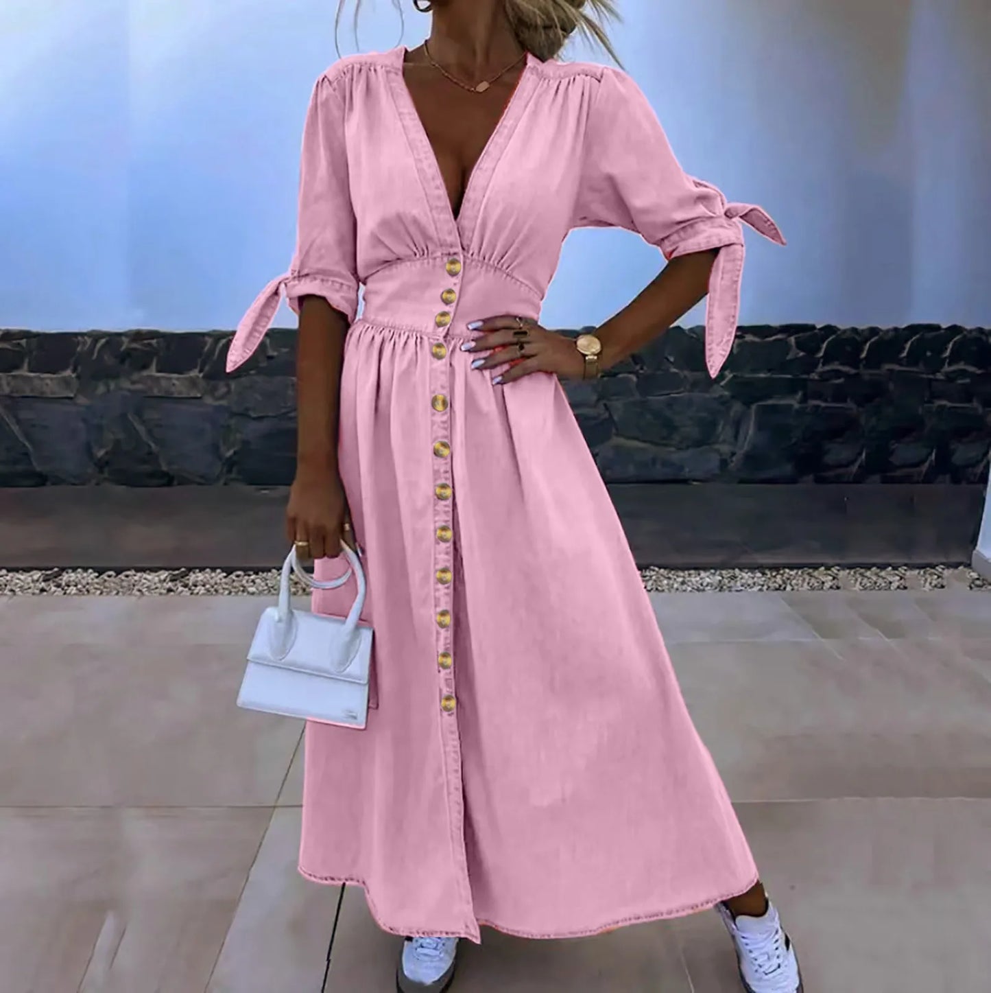 Spring Autumn Chic Bowknot Lace Up Short Sleeve Daily Beach Dresses Fashion Elegant Imitation Denim Shirt Dress for Women