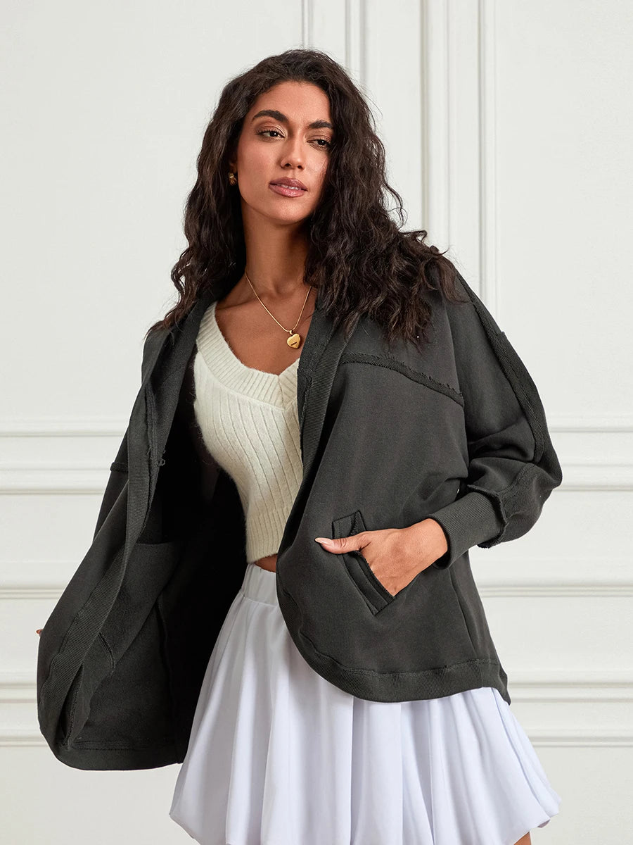 Oversized Hoodies Plain Color Long Sleeve Open Front Hooded Sweatshirts