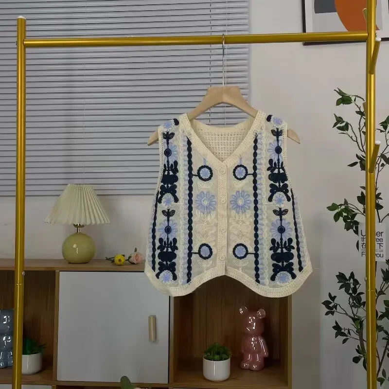 Sexy Hollow Out Knit Tank Tops Women Color block  V Neck Floral Camisole Female Beach Style Crop Top