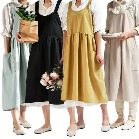 Japanese Linen Aprons for Women with Pockets Cross Back Cute Apron Dress for Gardening Painting Baking and Cooking