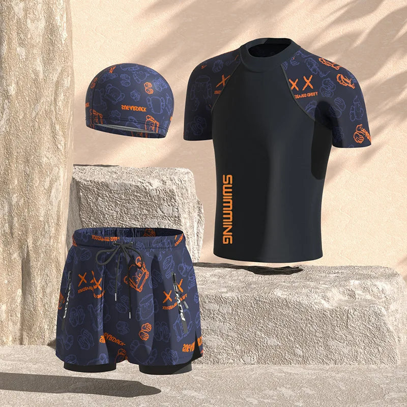 Men Professional Water Sports Competitive Swim Shirts+Trunks Glasses Cap Quick-Drying Beach Surfing Bathing Shorts Goggles Hat