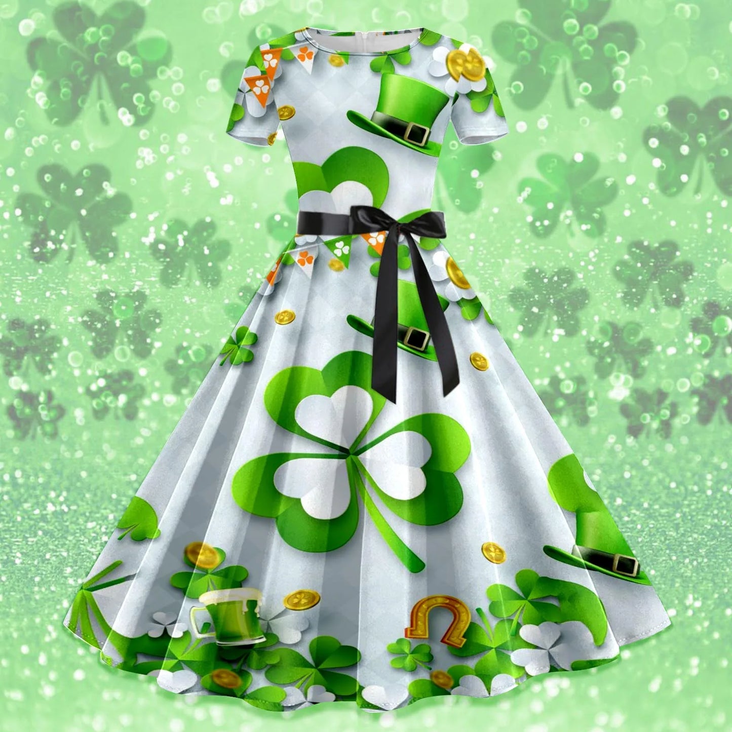 Shamrock Print Women St. Patrick's Day Dress Large Swing Short Sleeve A Line  Dress