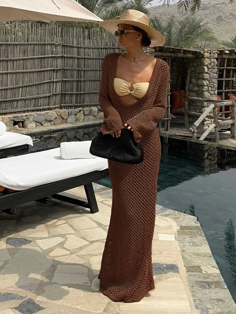 Sexy U-neck Bell Sleeve Knit Maxi Dress Women's Swimwear Bikini Cover-ups  Crochet Beach Outfit