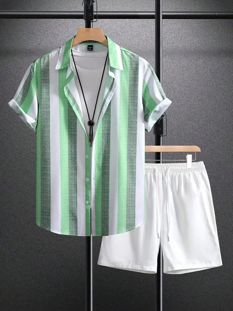 Summer Men's Shirt Shorts Two-piece Set Printed Casual Suit Men Short Sleeve Shirt Street Hawaiian Beach Shorts Outfits