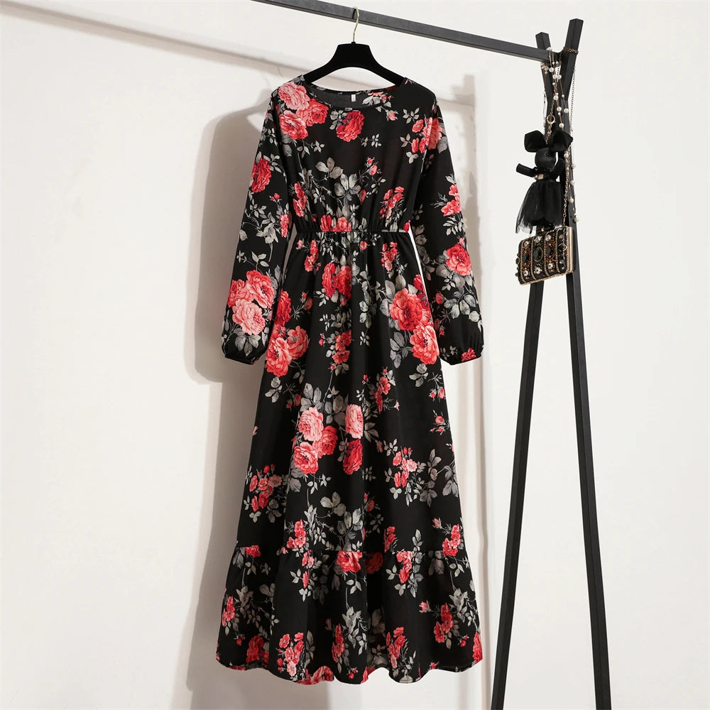 Spring Summer Women Maxi Dresses Casual Full Sleeve Floral Printed O-neck Woman Boho Beach Party Long Dress