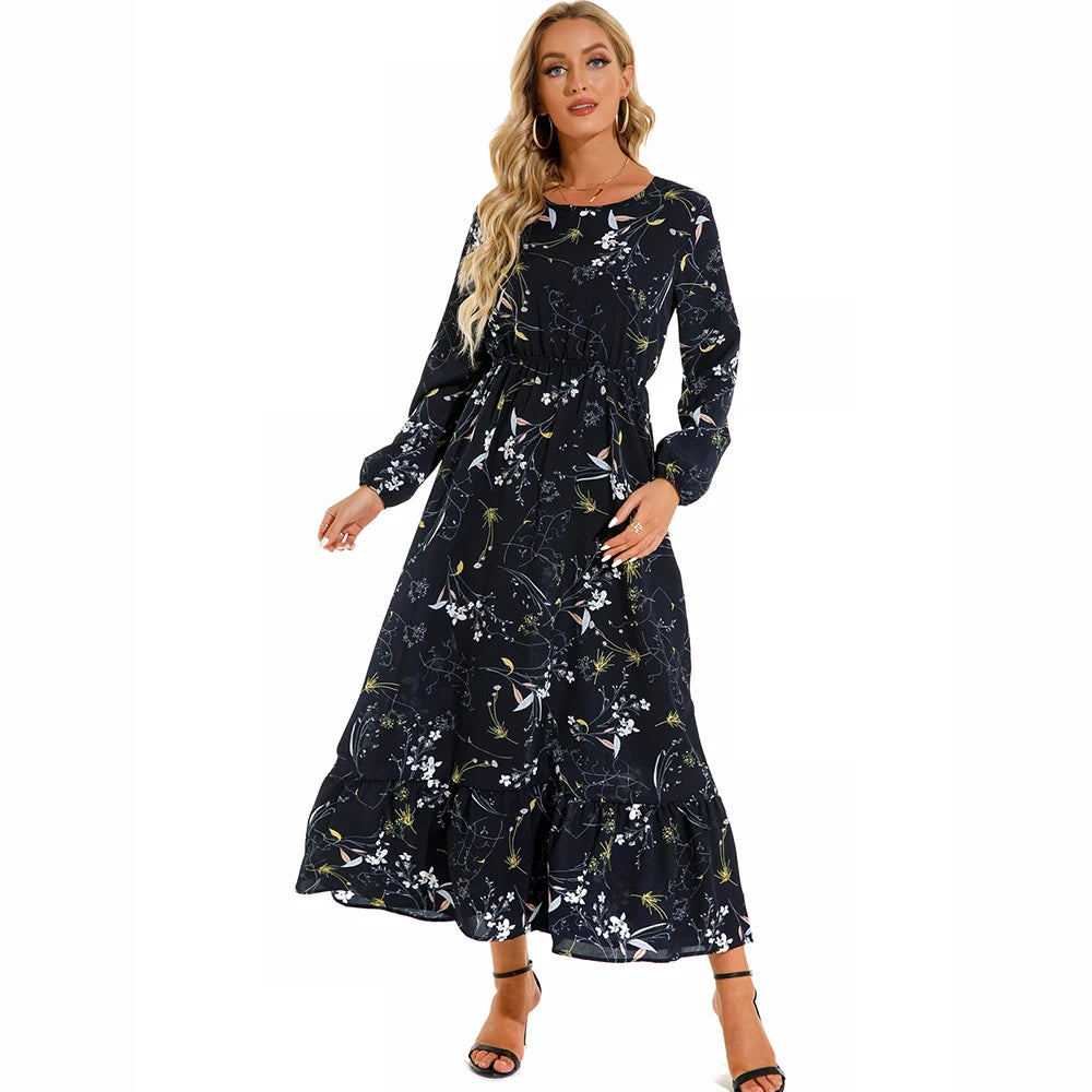 Bohemian Women's Maxi Dress Casual Long Sleeve High Waist Beach Woman Chiffon Dresses Floral