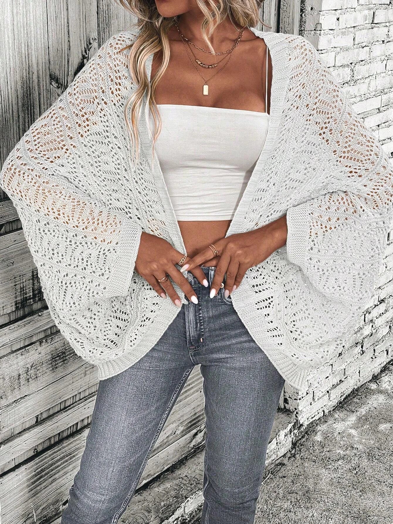 Solid color slit knitted cardigan elegant front opening batwing sleeve loose sweater commuting cardigan women's clothing