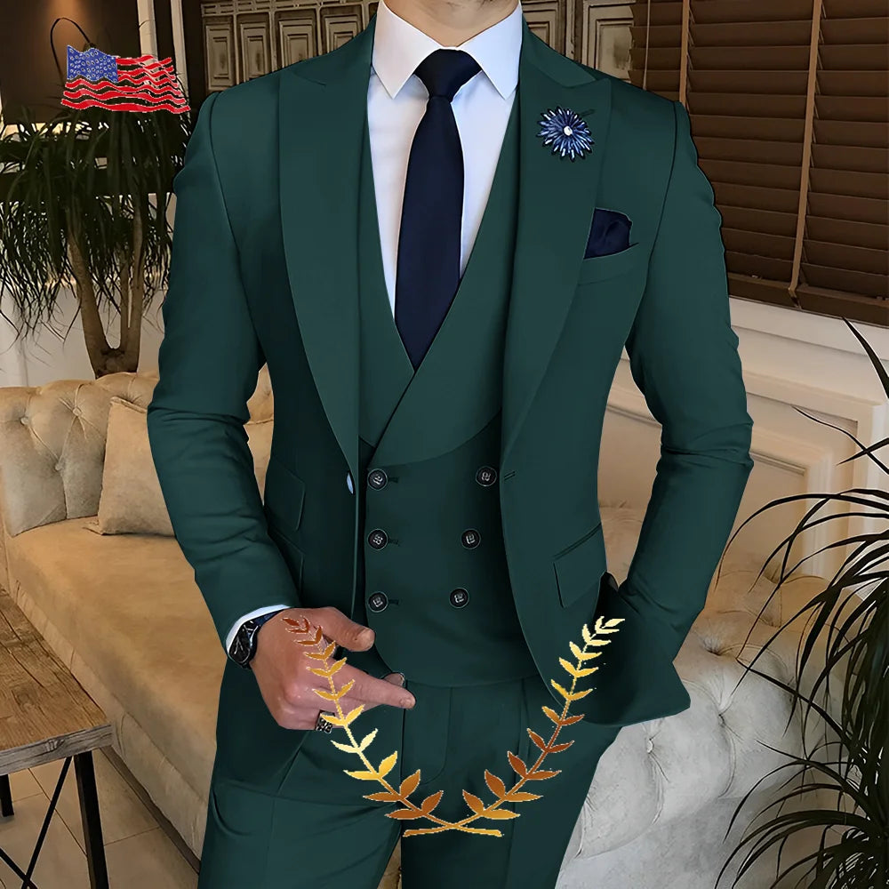 Men's Suit Jacket Pants Vest 3-piece Set Slim Fit Handsome Men Blazer for Party