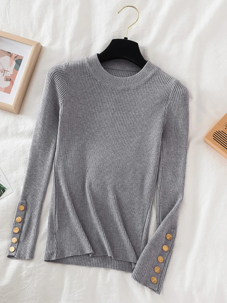 Women's thick sweater pullovers casual button o-neck chic sweater female knit top soft jumper tops