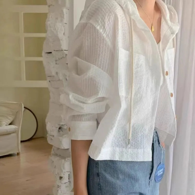 Women Shirt Summer Fashion Sunshade Long Sleeve Casual Hooded Loose Fit Lightweight