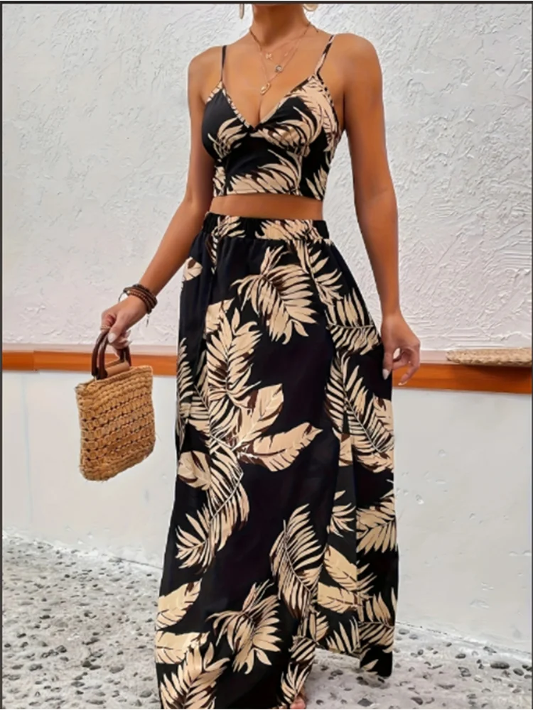 Women's Sleeveless Low Cut V-Neck Floral Printed Skirt High Slit Sexy Two Piece Trendy Skirt Set Light Elegant Summer Set