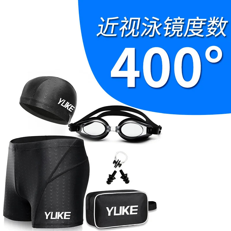 Men Myopia Swimming Shorts Waterproof Competition Swim Equipment Goggles Cap Case Trunks Briefs Swimwear
