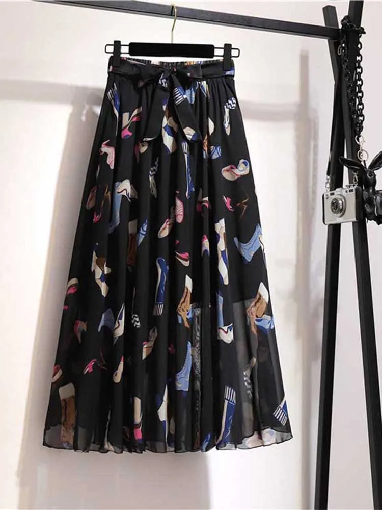 Chiffon Sun School High Waist Midi Skirt