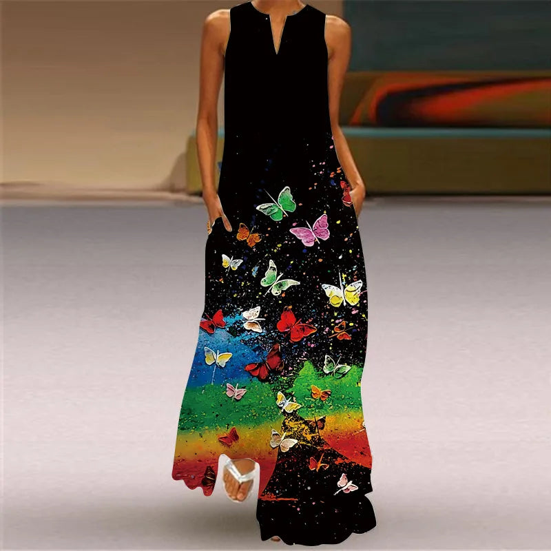 Vintage Print Maxi Dress For Women Summer Loose Sleeveless Long Dresses Elegant Lady V Neck Pocket Boho Beach Sundress Vestidos