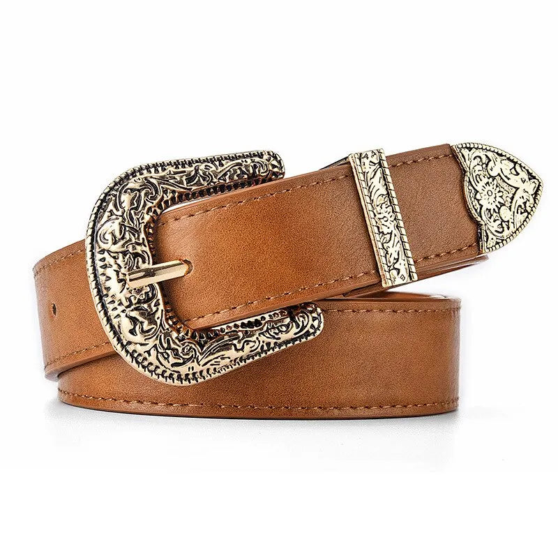 Women's Belt Vintage Carved Needle Buckle Belt Rock Style Jeans Belt PU Leather Belt