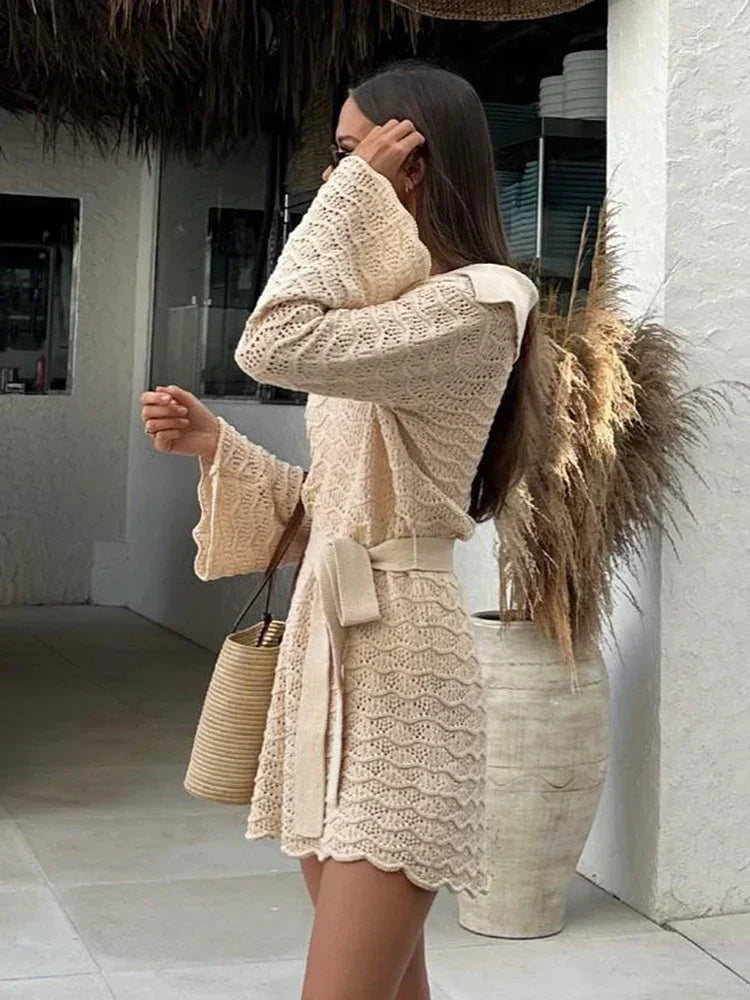 Sexy Shirt Dress V-neck Bell Sleeve Hollow Out Knitted Belted Beach Mini Dress Summer Swimsuit Cover Up Women's Casual Outfit