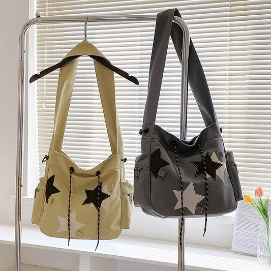 Women Casual Satchel Bag Large Capacity Canvas Star Applique  Street Style School Bag for Teens Students