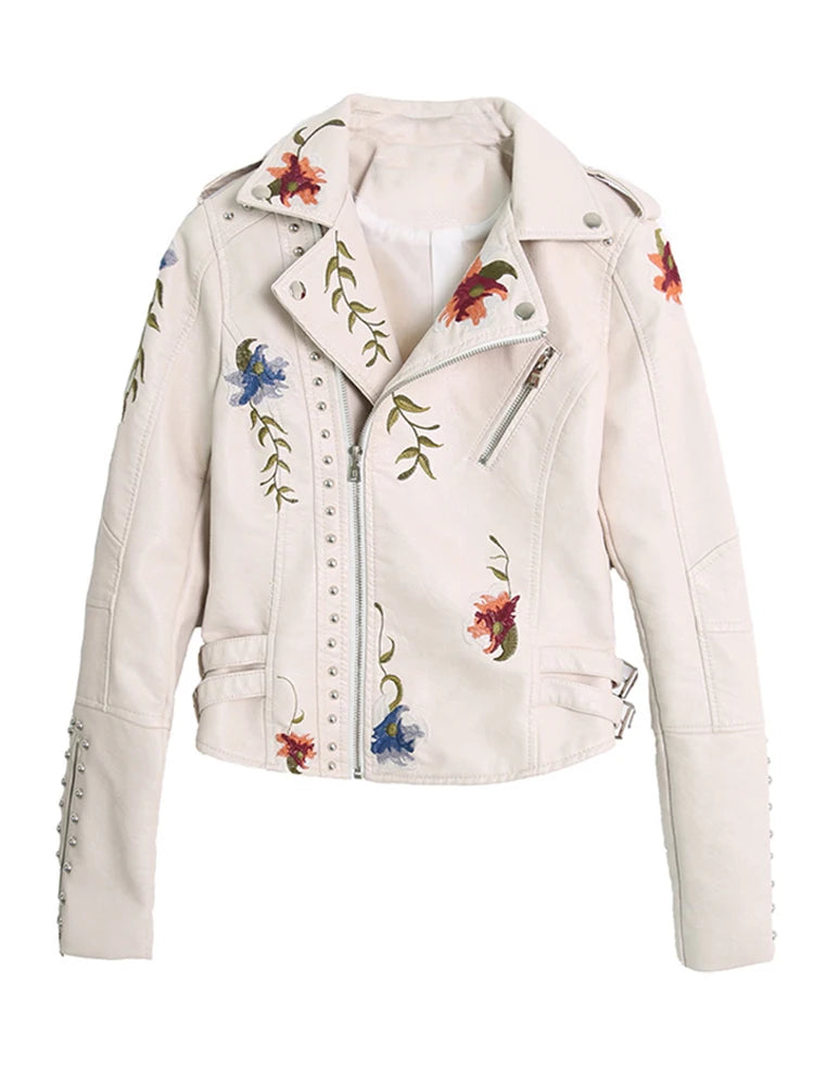 Floral Print Embroidery Faux Soft Leather Jacket Turn-down Collar Casual Pu