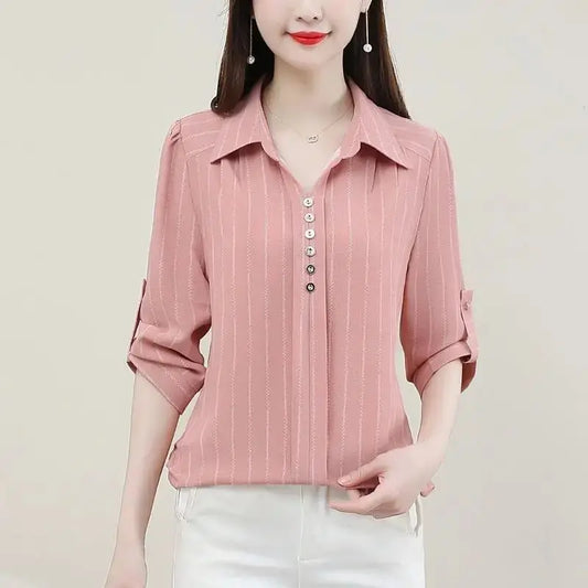 Spring Summer  3/4 Sleeve Loose Polo Neck Striped Button Shirt Vintage